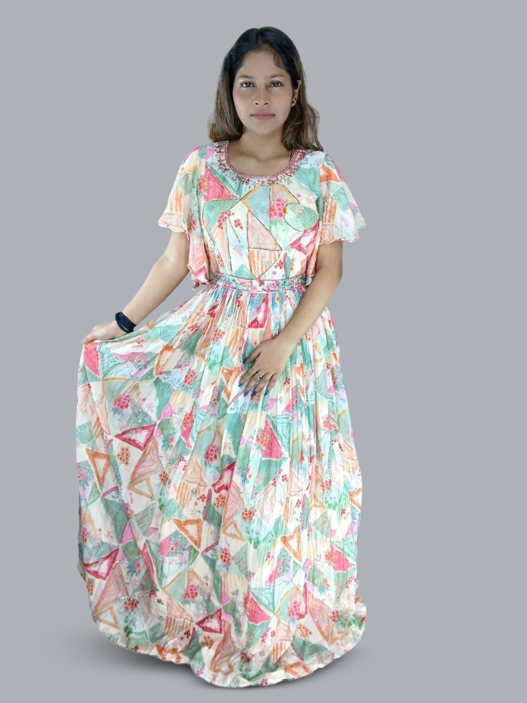 

Skinsi Floral Print Flared Sleeve Fit & Flare Maxi Dress, Na