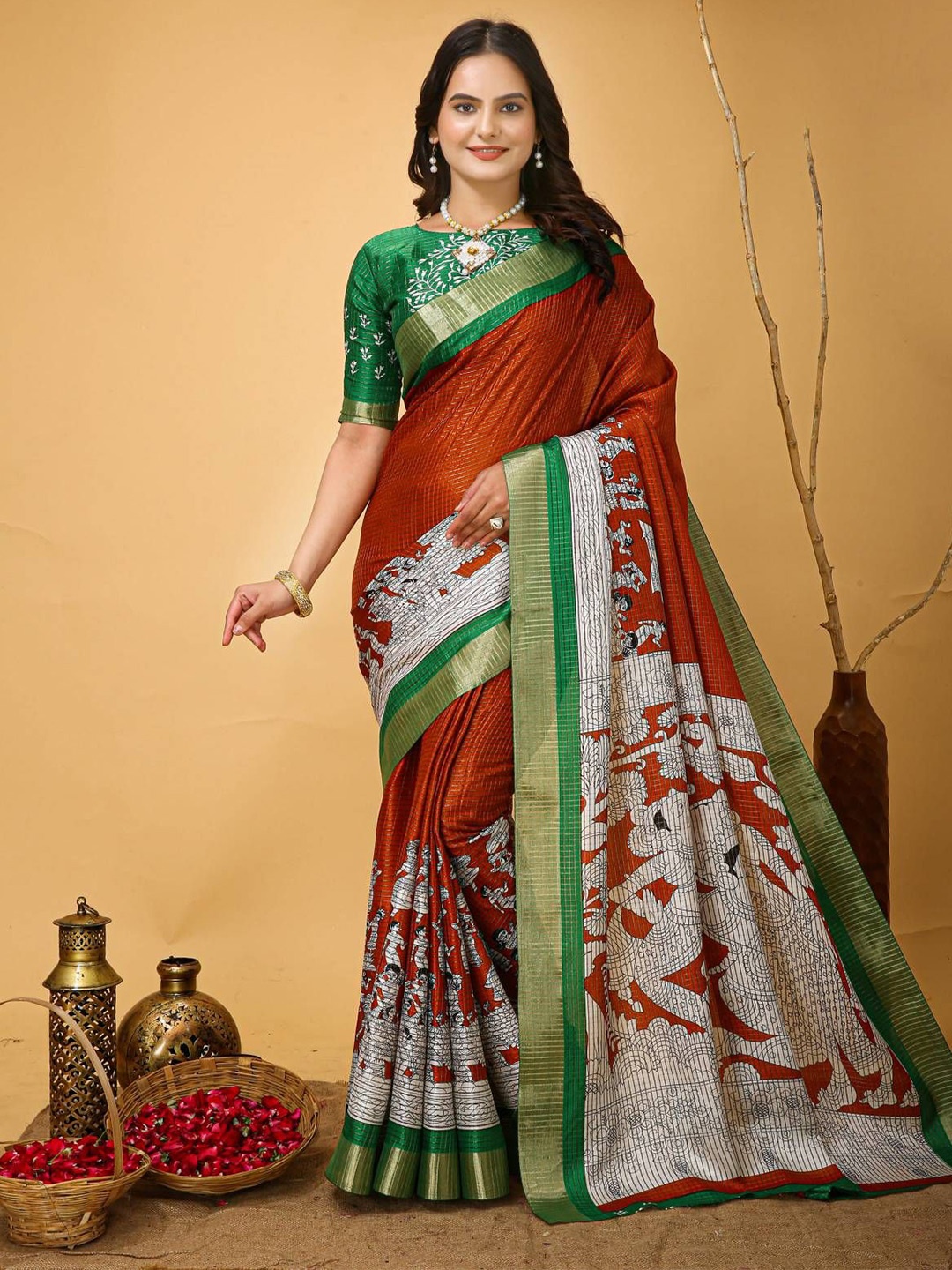 

HI FI NX Ethnic Motifs Zari Pure Cotton Kanjeevaram Saree, Rust