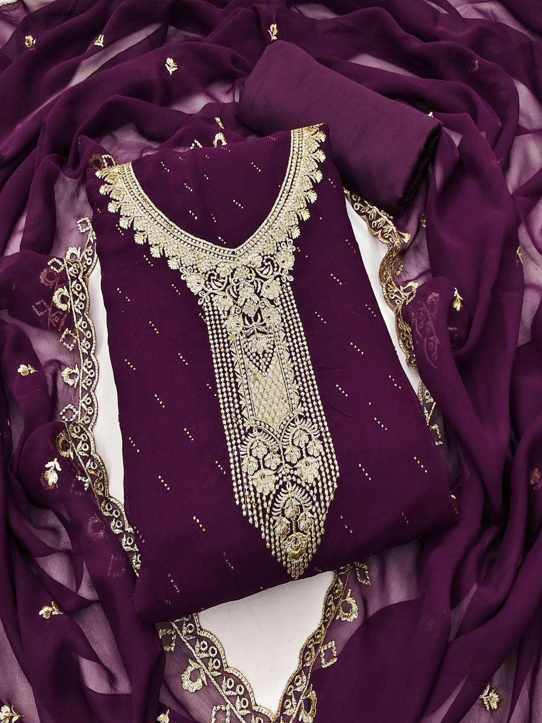

KALINI Floral Embroidered Zari Georgette Unstitched Dress Material, Purple