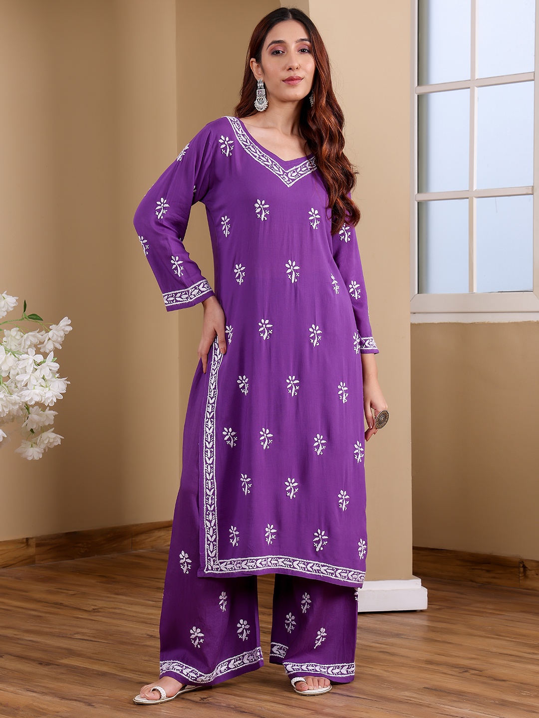 

Chowkhat Women Embroidered Regular Chikankari Kurta with Palazzos, Purple