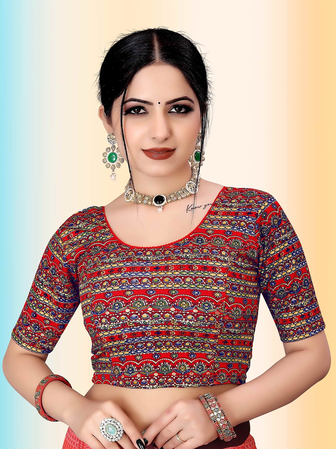 

TANISHM FEB TEX Printed Stretchable Saree Blouse, Red