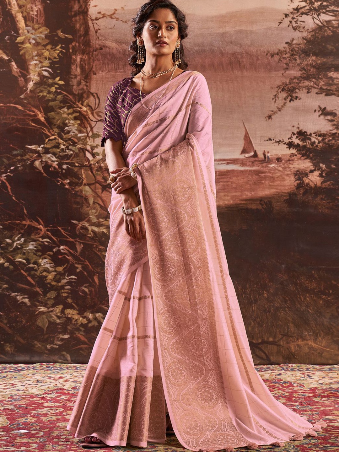 

Mitera Ethnic Motifs Zari Silk Blend Saree, Pink