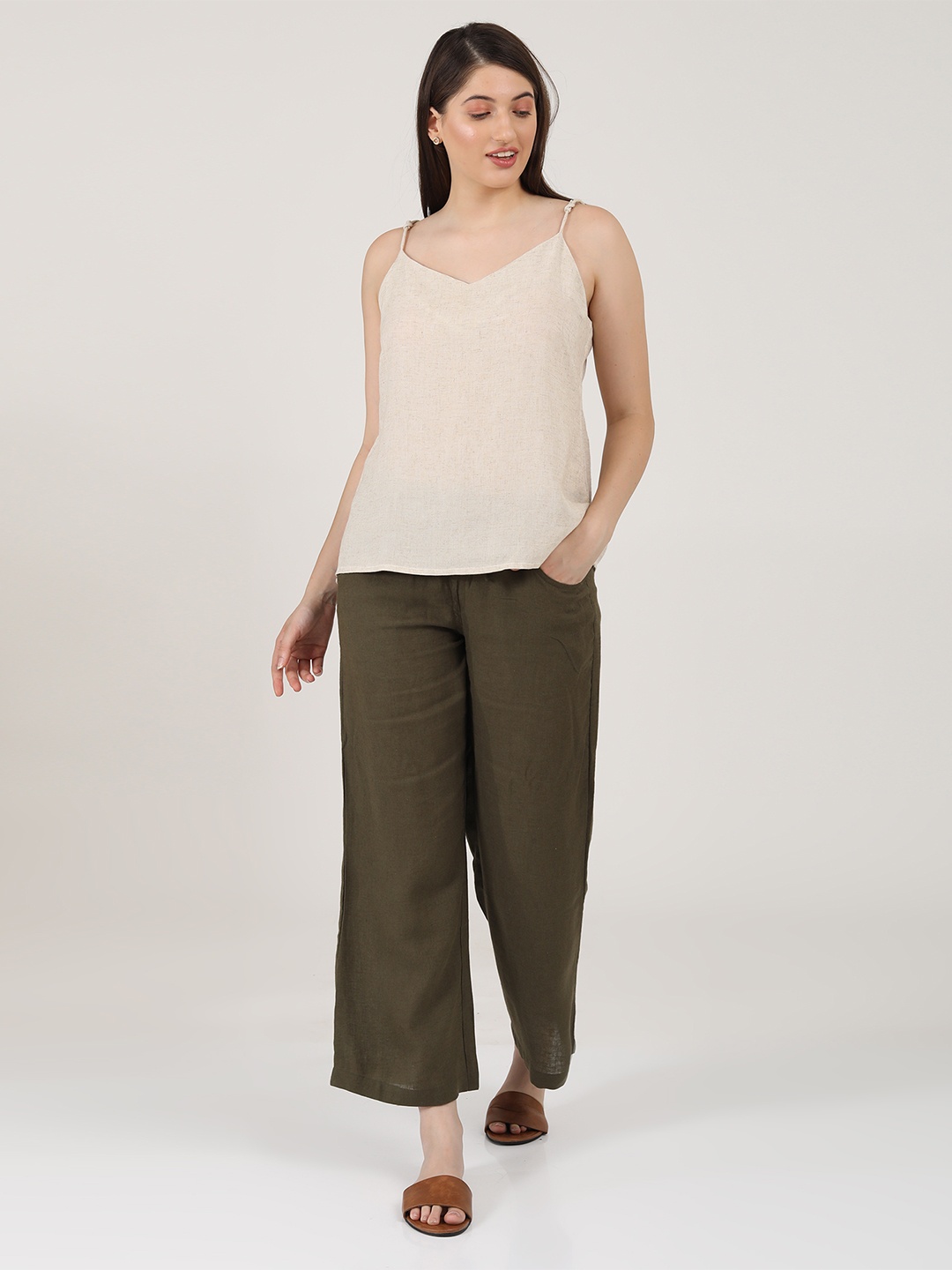 

Saltpetre Women Beige Slip Top With Olive Long Leg Pant Co-Ord Set