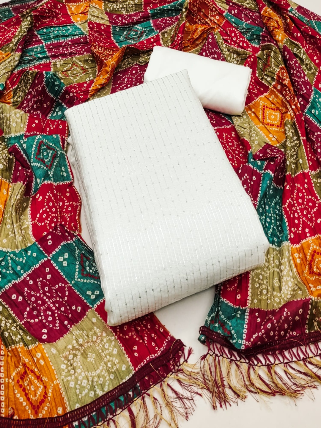 

Rangtulika Ethnics Striped Embroidered Sequinned Chanderi Unstitched Dress Material, White