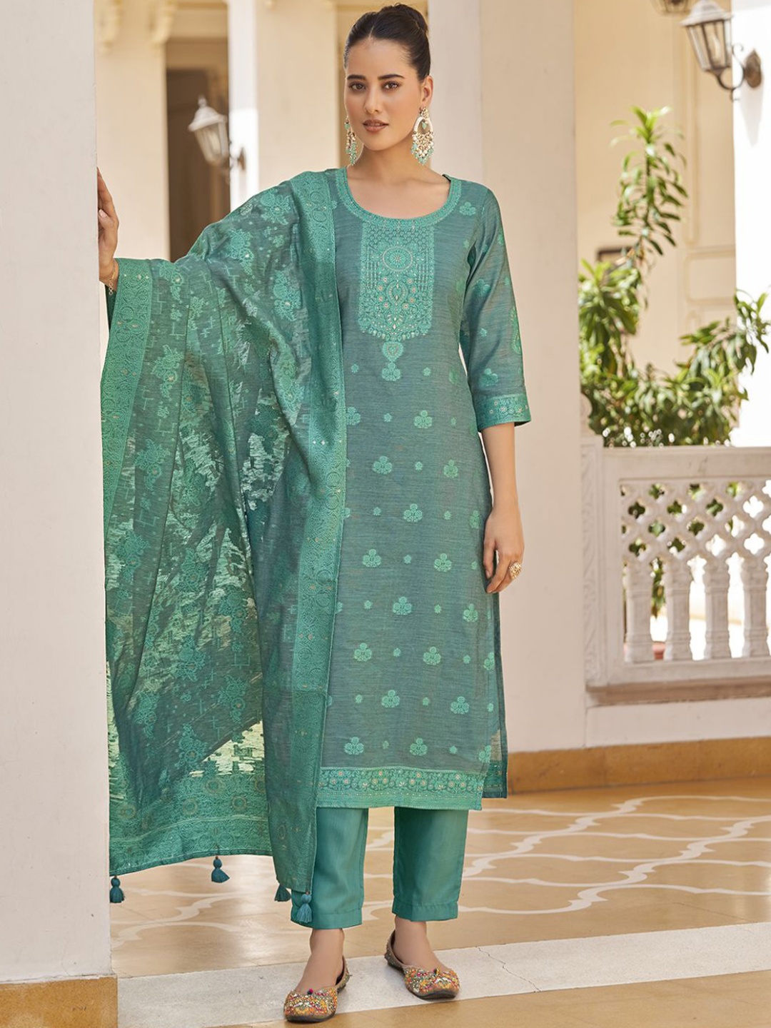 

KALINI Women Floral Regular Kurta with Trousers & With Dupatta, Turquoise blue