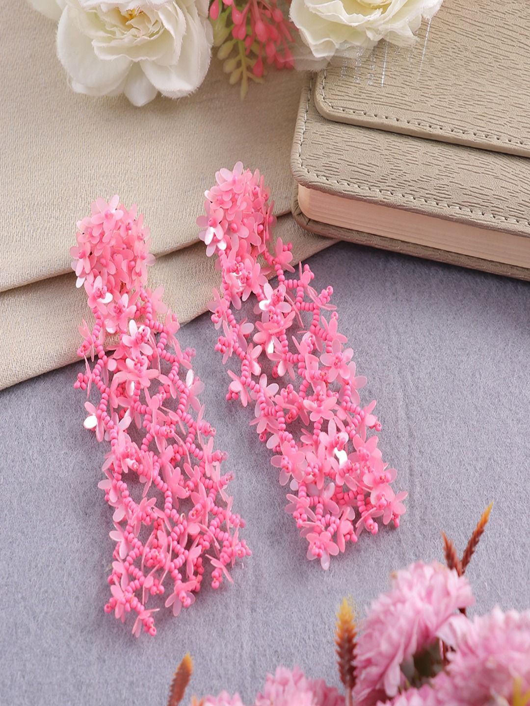 

Sangria Gold-Plated Artificial Beaded Floral Shaped Tassel Drop Earrings, Pink