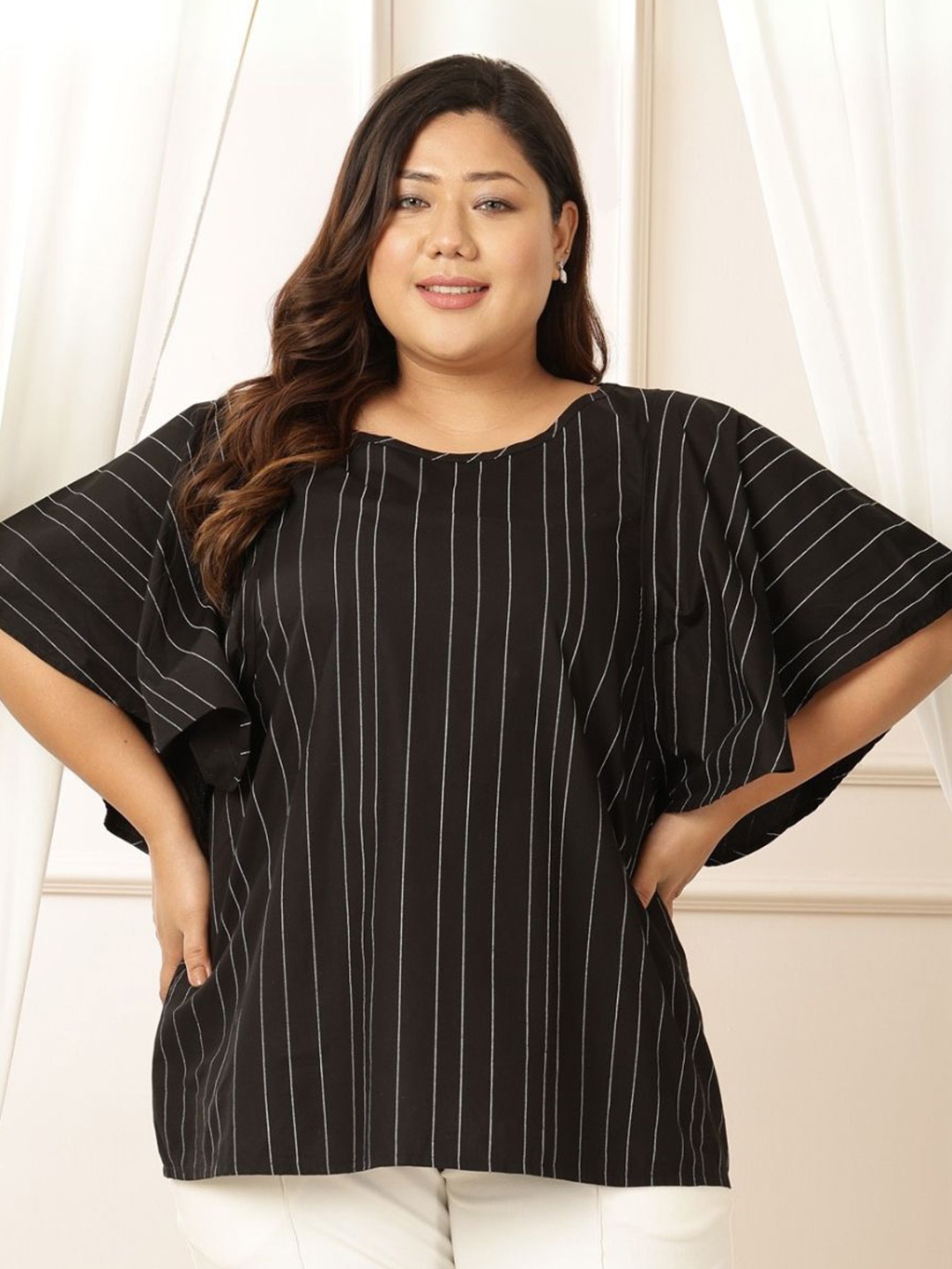 

Amydus Women Plus Size Stripe Cotton Top, Black