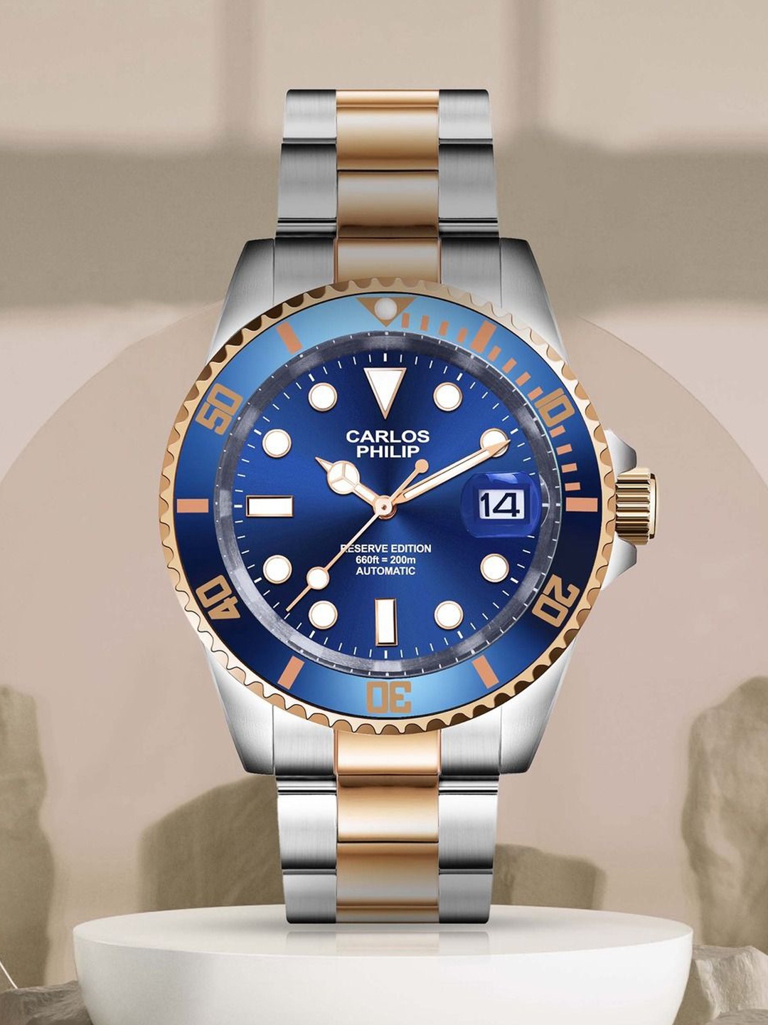 

CARLOS PHILIP Men Brass Dial & Stainless Steel Bracelet Style Straps Analogue Automatic Motion Powered Watch, Blue