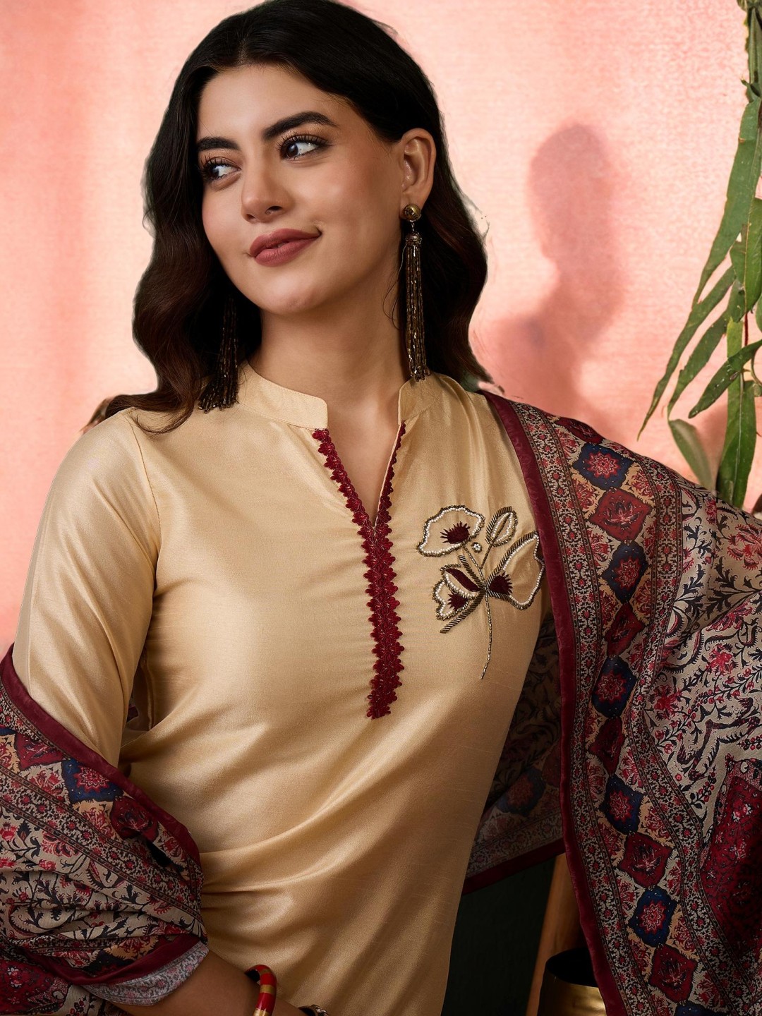 

Sangria Women Festive Beads Design Kurta With Dupatta and Trousers, Beige