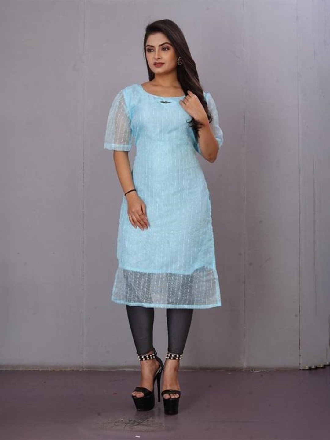 

Bought First Striped Organza Straight Kurta, Blue