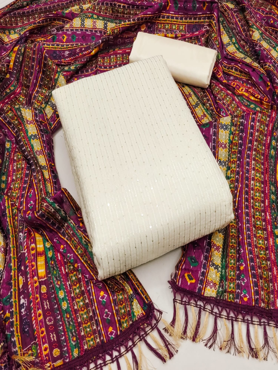 

Rangtulika Ethnics Striped Sequinned Embroidered Unstitched Dress Material, Pink