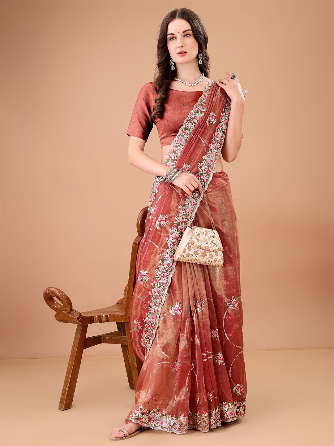 

devkison Designer Floral Embroidered Net Saree, Coffee brown