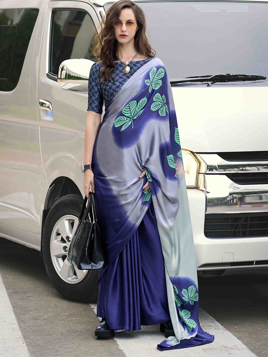 

KALINI Floral Satin Saree, Navy blue