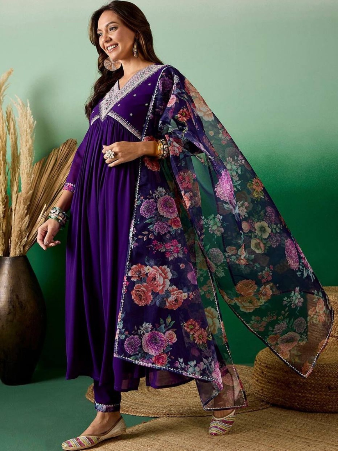 

KALINI Women Embroidered Empire Sequinned Kurta with Trousers & With Dupatta, Purple