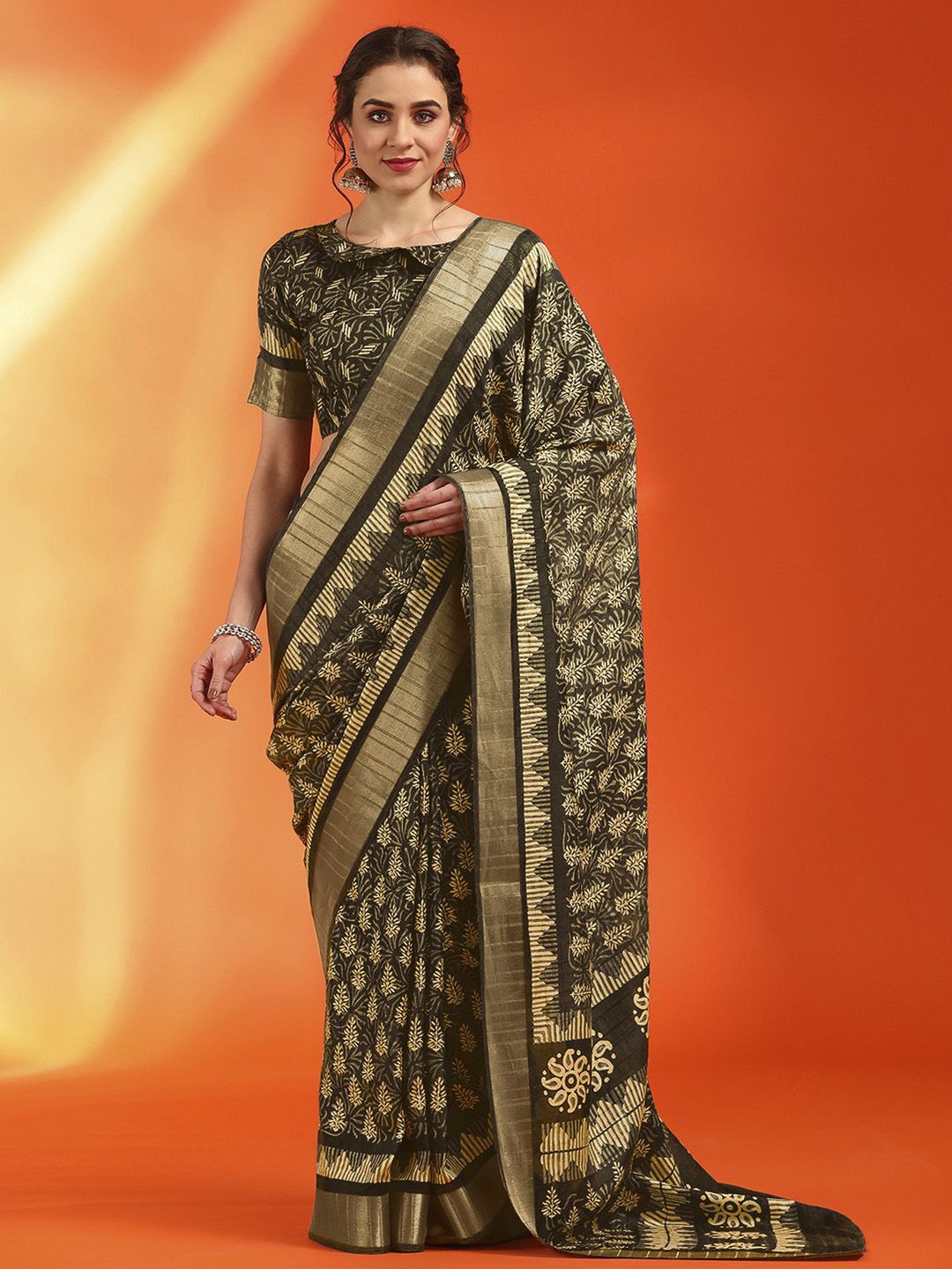 

Mitera Ethnic Motifs Zari Silk Cotton Sungudi Saree, Olive