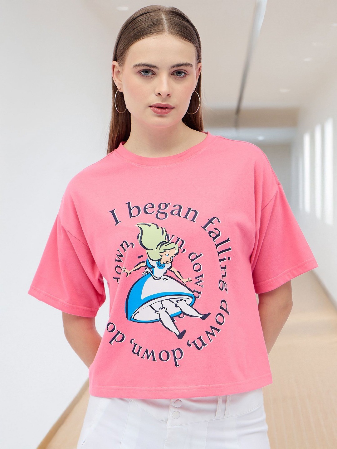 

DressBerry Women Printed Drop-Shoulder Sleeves T-shirt, Pink