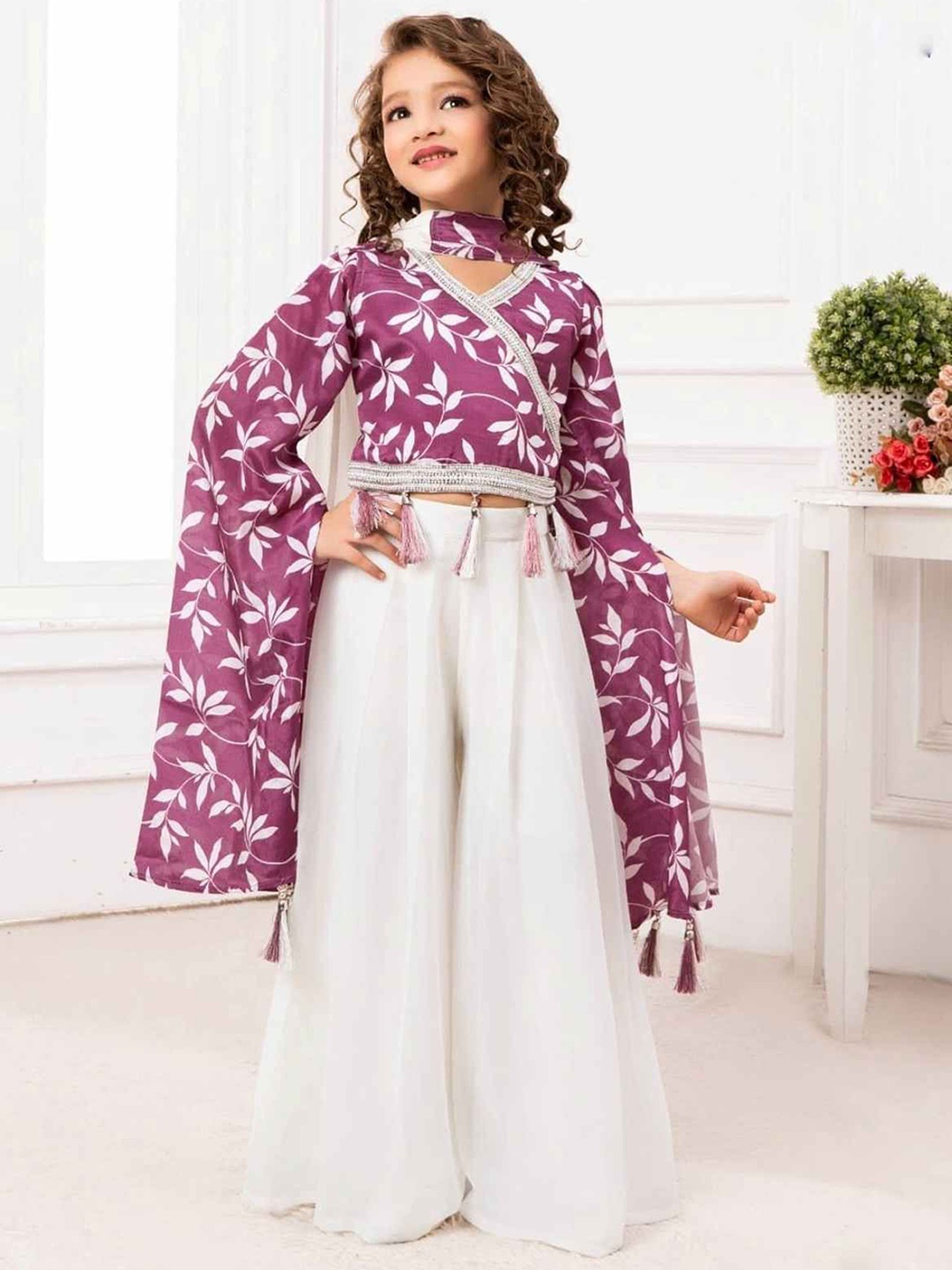

Lagorii Girls Printed Sequinned Top And Palazzo Set, Purple