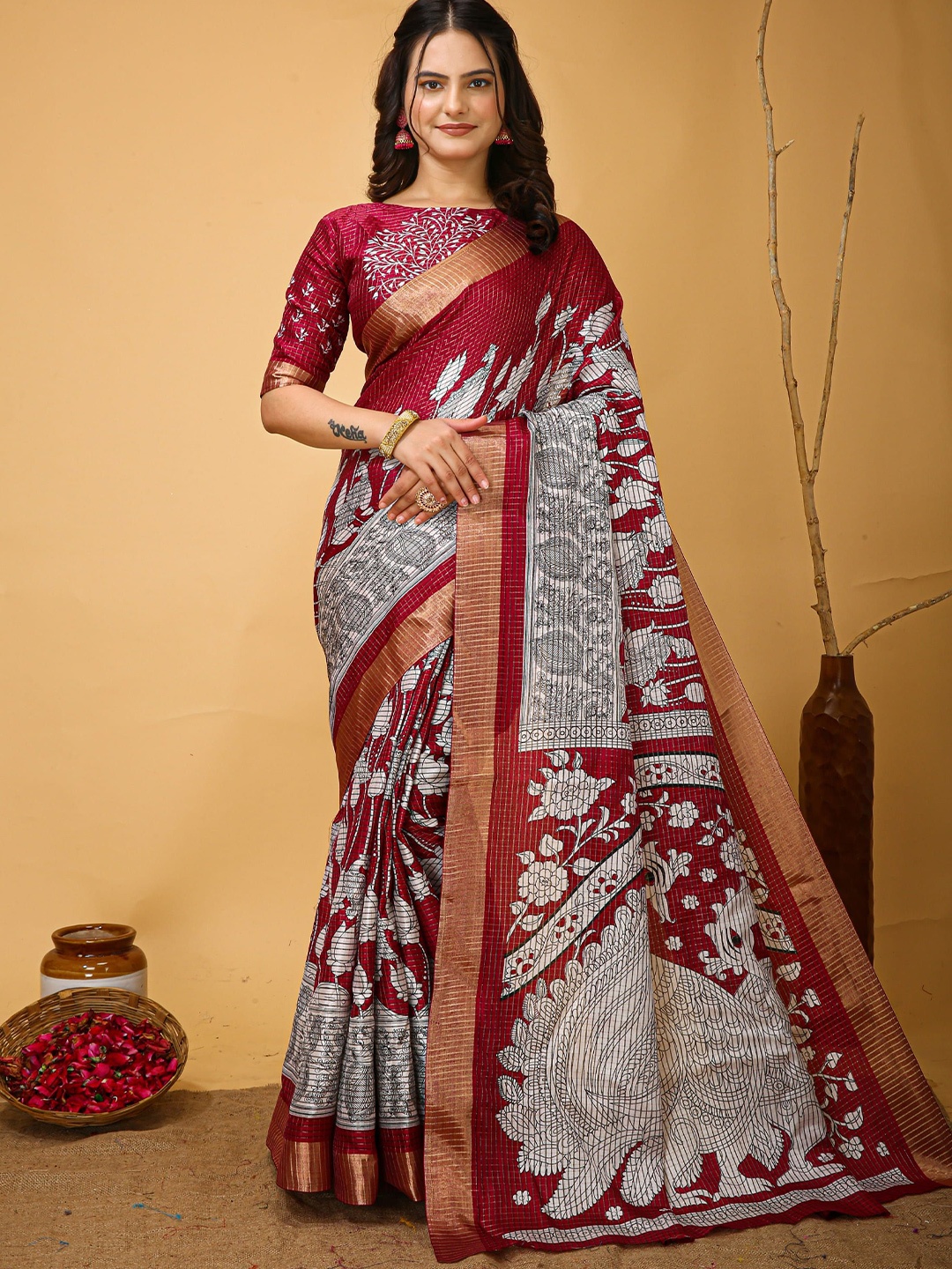 

DIVASTRI Kalamkari Zari Pure Cotton Kanjeevaram Saree, Maroon