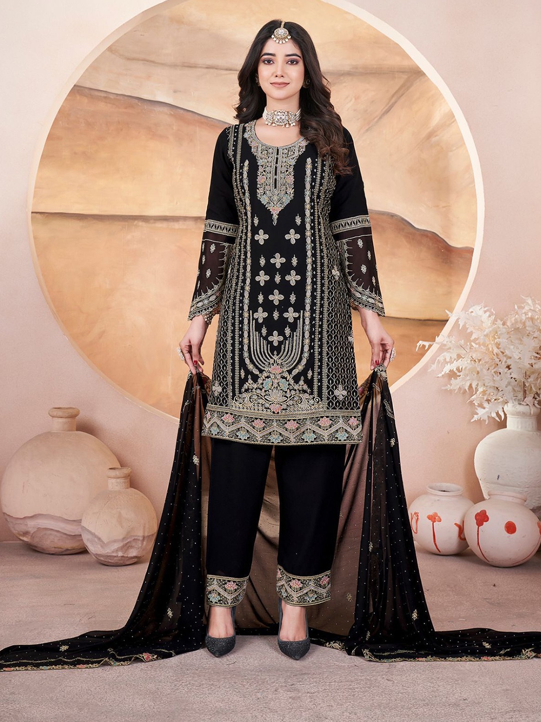 

ODETTE Women Floral Embroidered Regular Kurta with Trousers & With Dupatta, Black