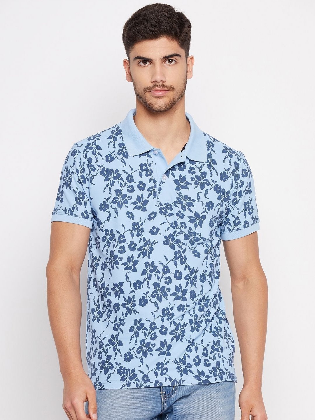 

XYRIS Men Floral Printed Polo Collar Tropical T-shirt, Blue