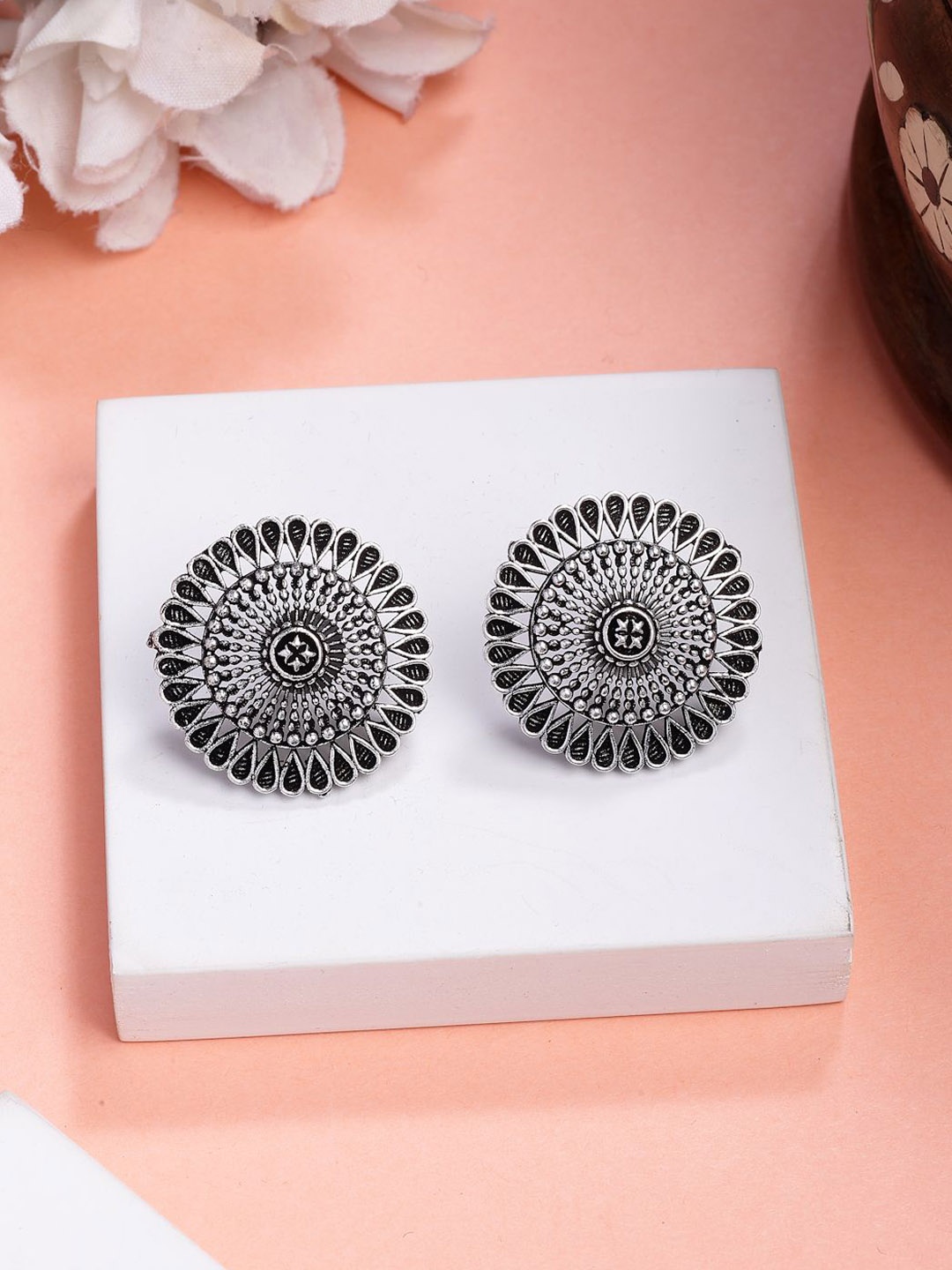 

NVR Women German Silver Oxidised Silver Plated Circular Shaped Traditional Stud Earrings