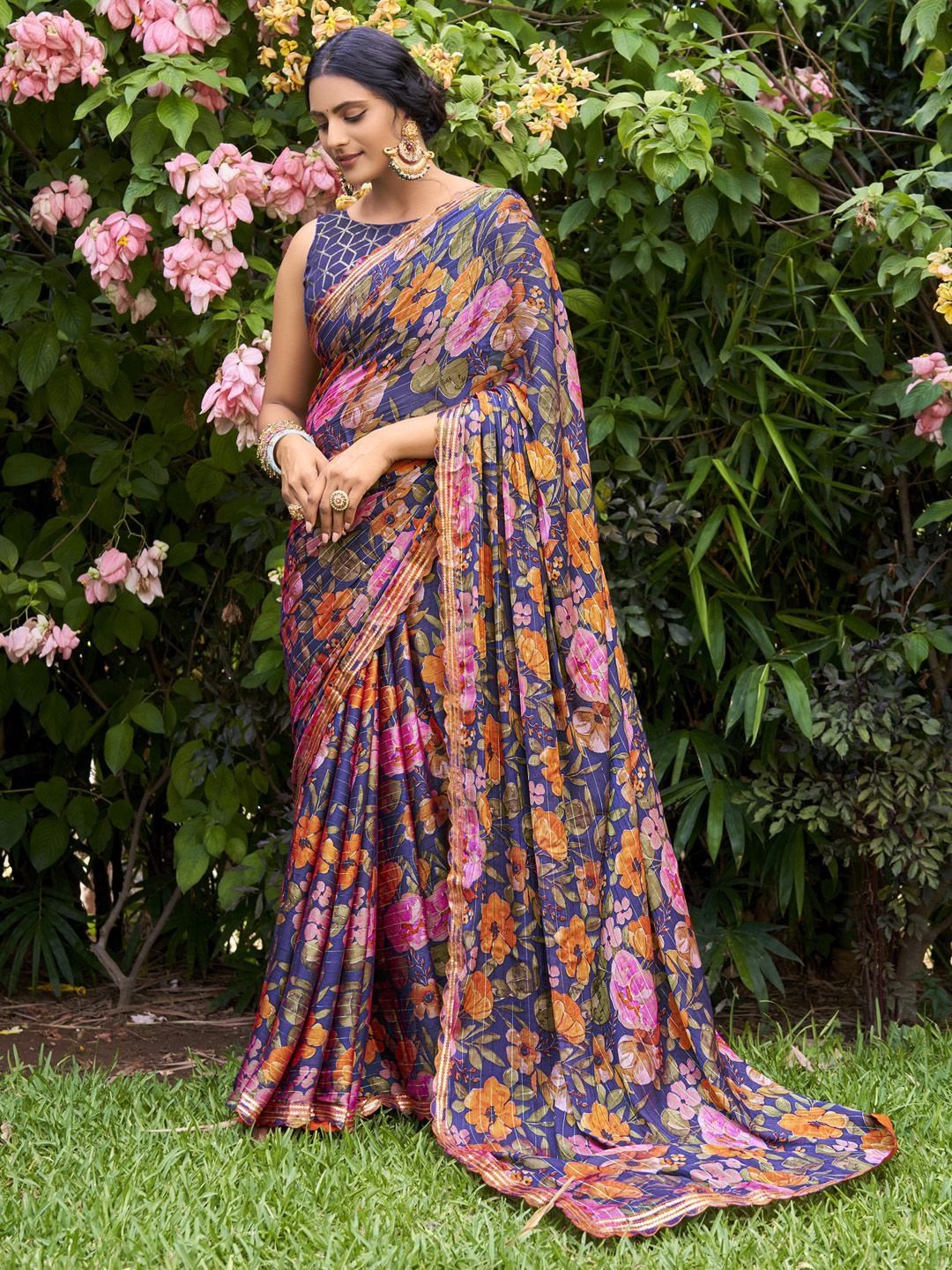 

Mitera Floral Sequinned Pure Chiffon Saree, Navy blue