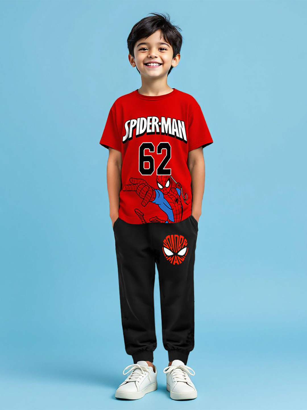 

Marvel by Miss and Chief Boys Spider-Man Printed Round Neck T-shirt With Joggers, Red