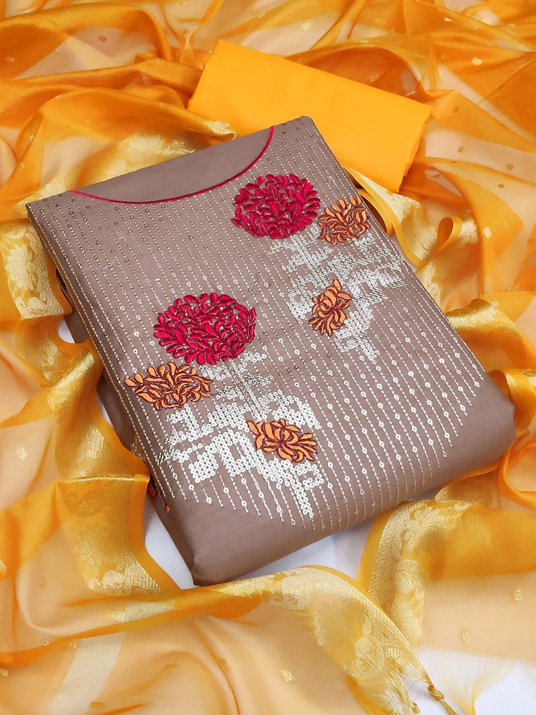 

HERE&NOW Floral Embroidered Thread Work Unstitched Dress Material, Brown
