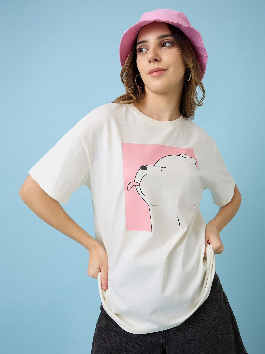 

Mast & Harbour Women Printed Raw Edge T-shirt, Off white