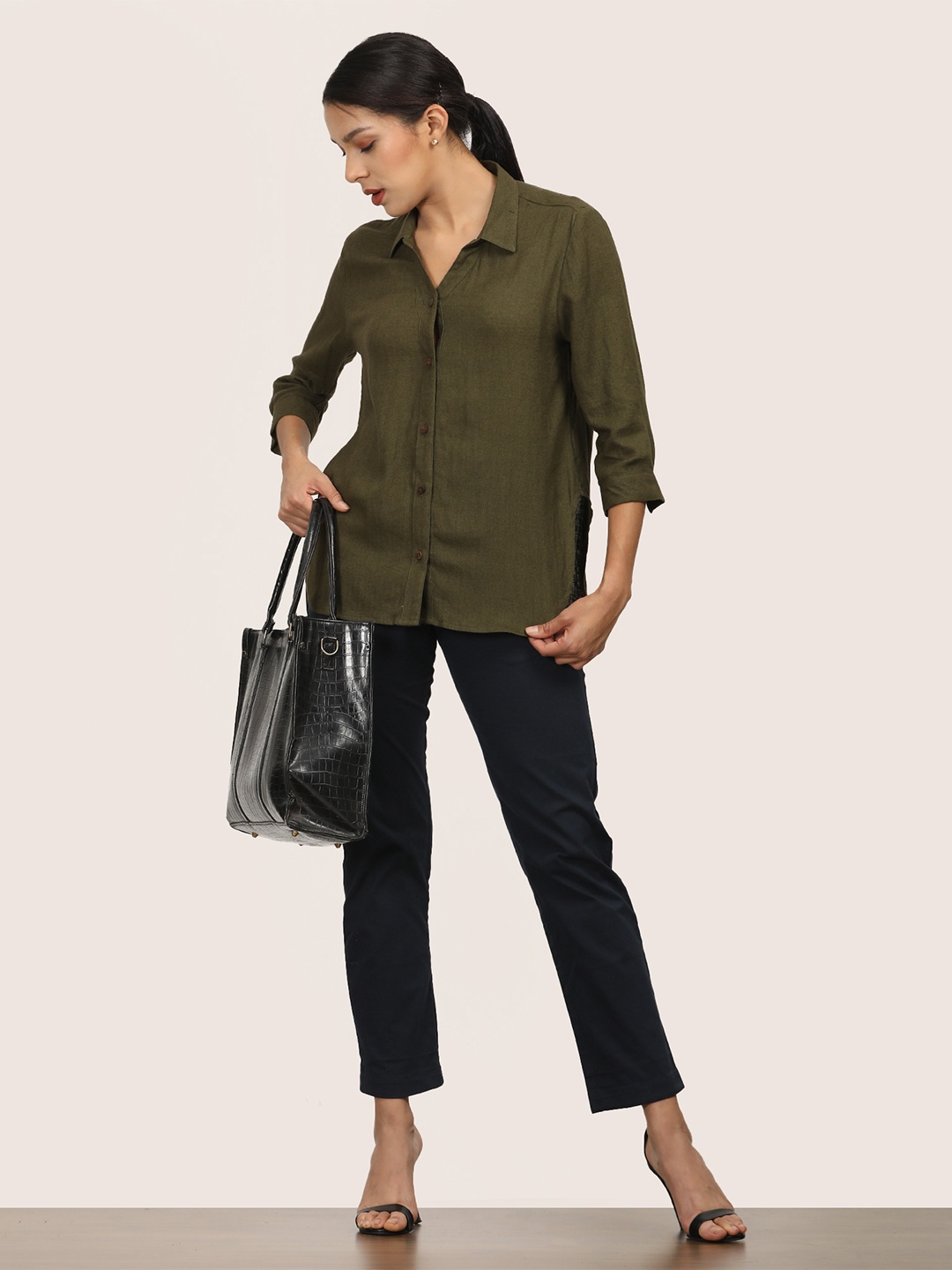 

Saltpetre Women Linen Olive Relaxed Shirt With Straight Leg Chinos Co-Ord Set