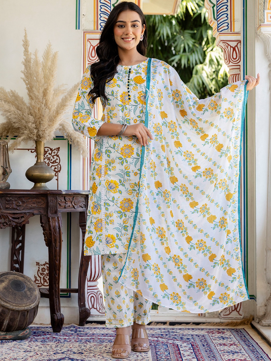 

KALINI Women Floral Printed Regular Pure Cotton Kurta with Trousers & With Dupatta, White