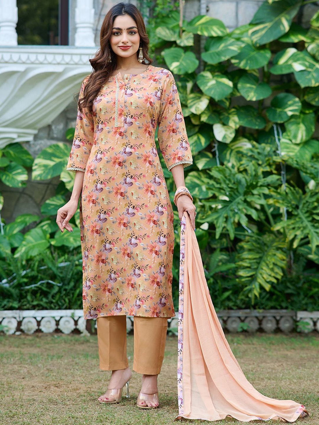 

Moda Rapido Women Floral Printed Regular Kurta with Trousers & With Dupatta, Beige