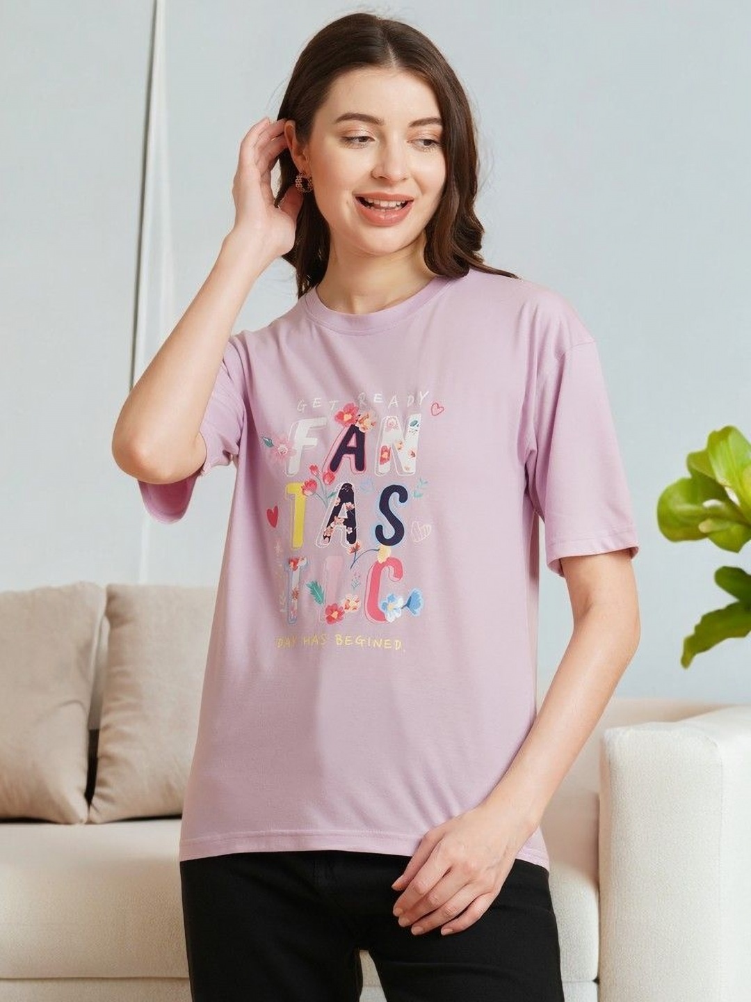 

DressBerry Women Typography Printed Pockets T-shirt, Purple