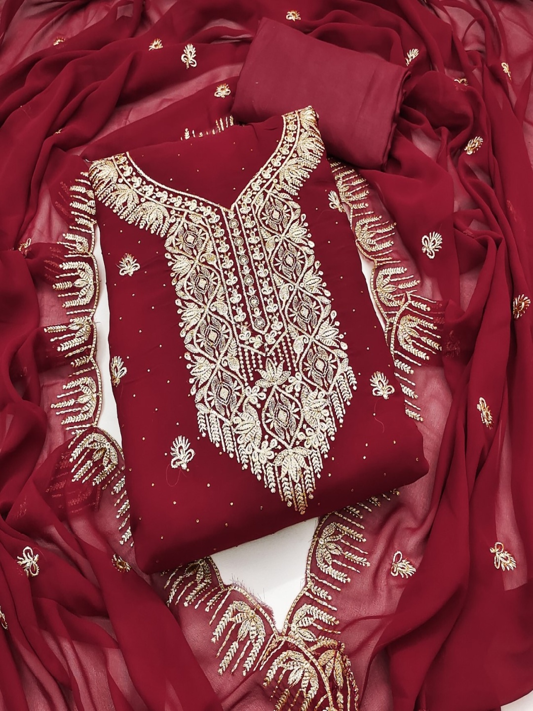 

Panzora Embroidered Zari Georgette Unstitched Dress Material, Red