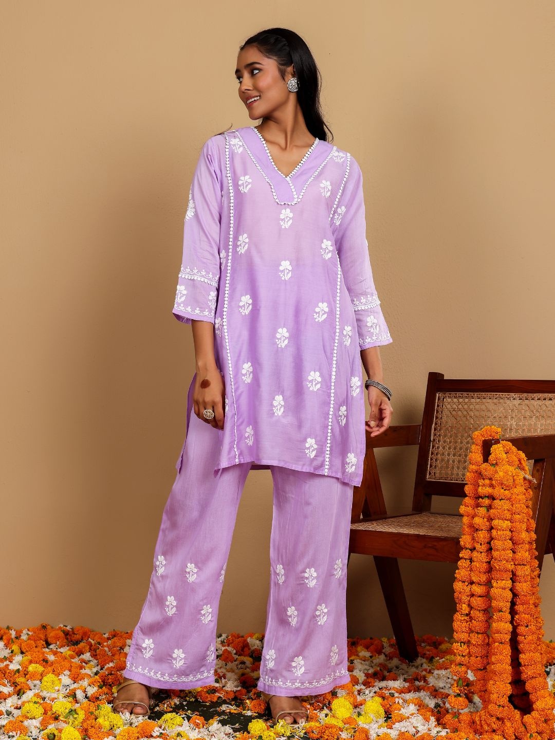 

Chowkhat Embroidered V-Neck Top With Palazzos Co-Ords, Lavender