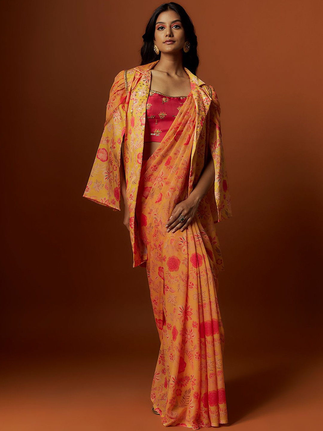 

Mystake By Meghna Shah Sequined Printed Saree With Blouse & Jacket, Yellow