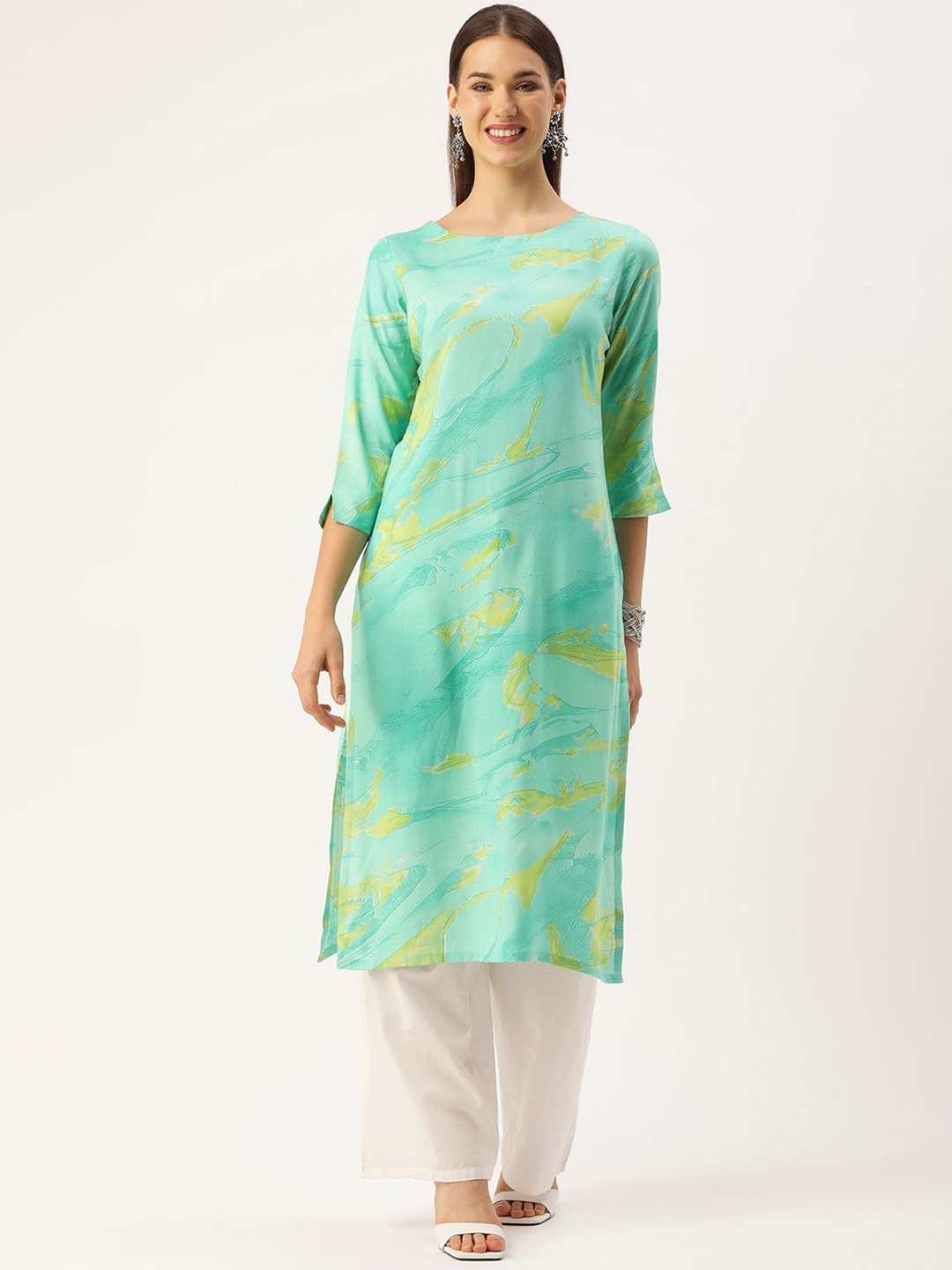 

KALINI Abstract Printed Round Neck Straight Kurta, Green