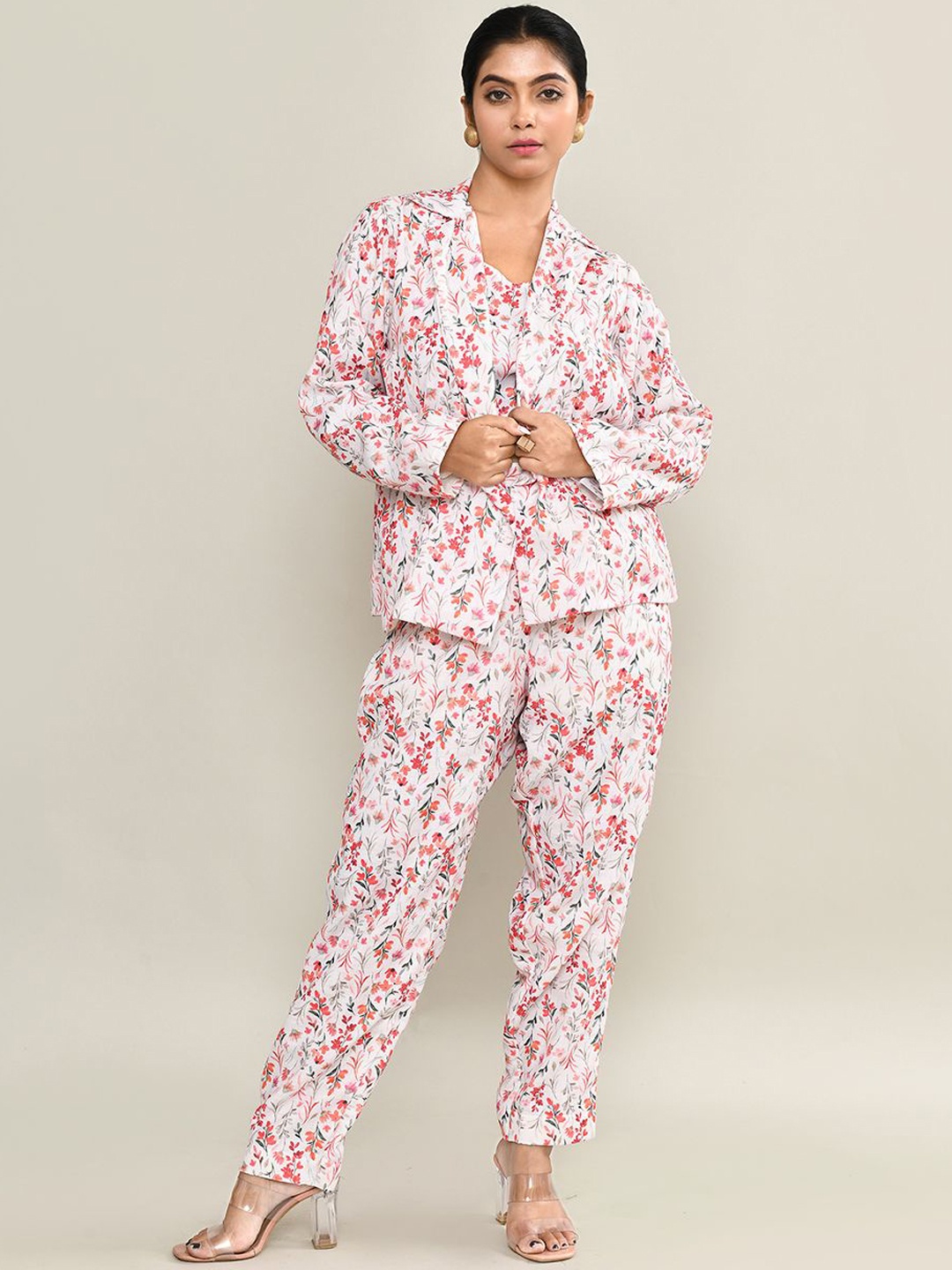 

The Maple Floral Printed Shoulder Straps Pure Cotton Crop Top With Jacket & Trouser, White