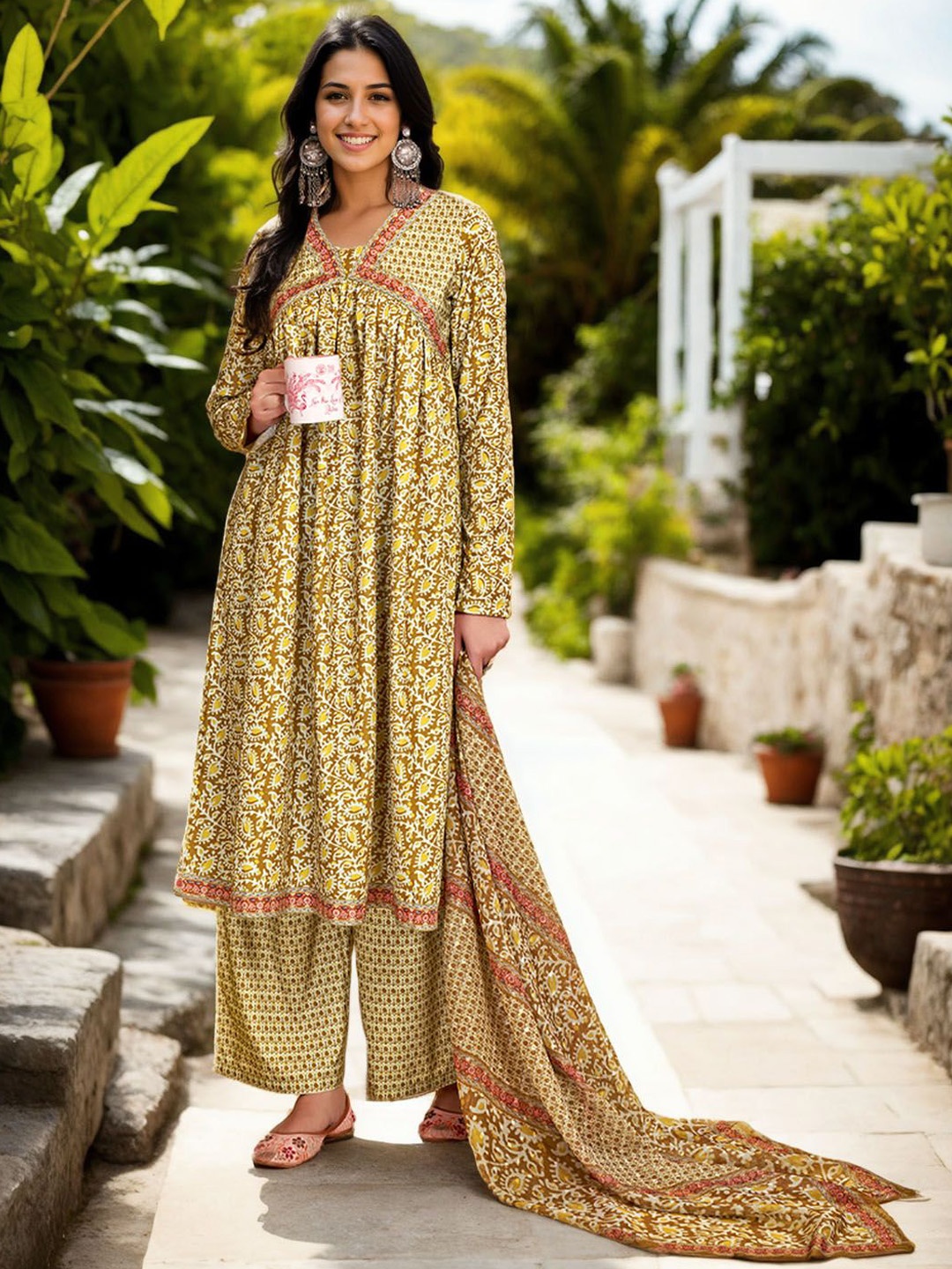 

Anouk Women Ethnic Motifs Printed Pleated Kurta with Palazzos & With Dupatta, Lime green