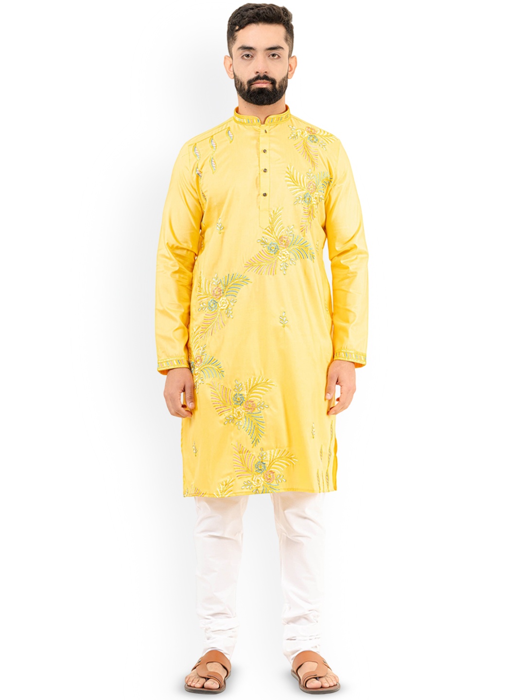 

Tistabene Embroidered Mandarin Collar Thread Work Handloom Straight Kurta, Yellow