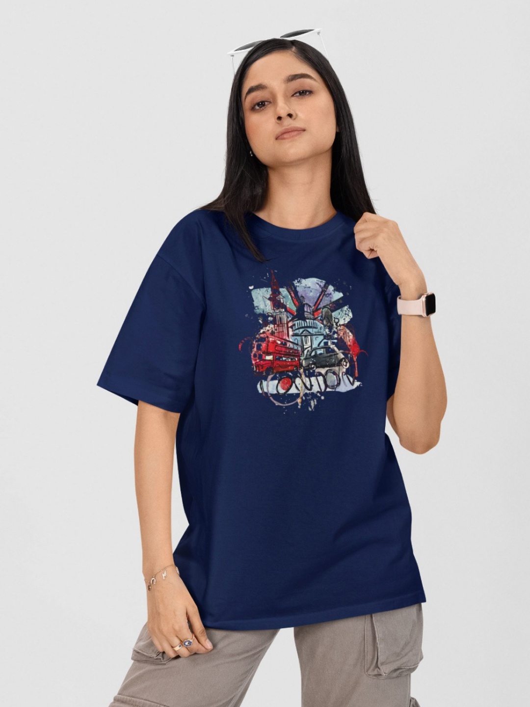 

Moda Rapido Women Printed Drop-Shoulder Sleeves Applique T-shirt, Navy blue