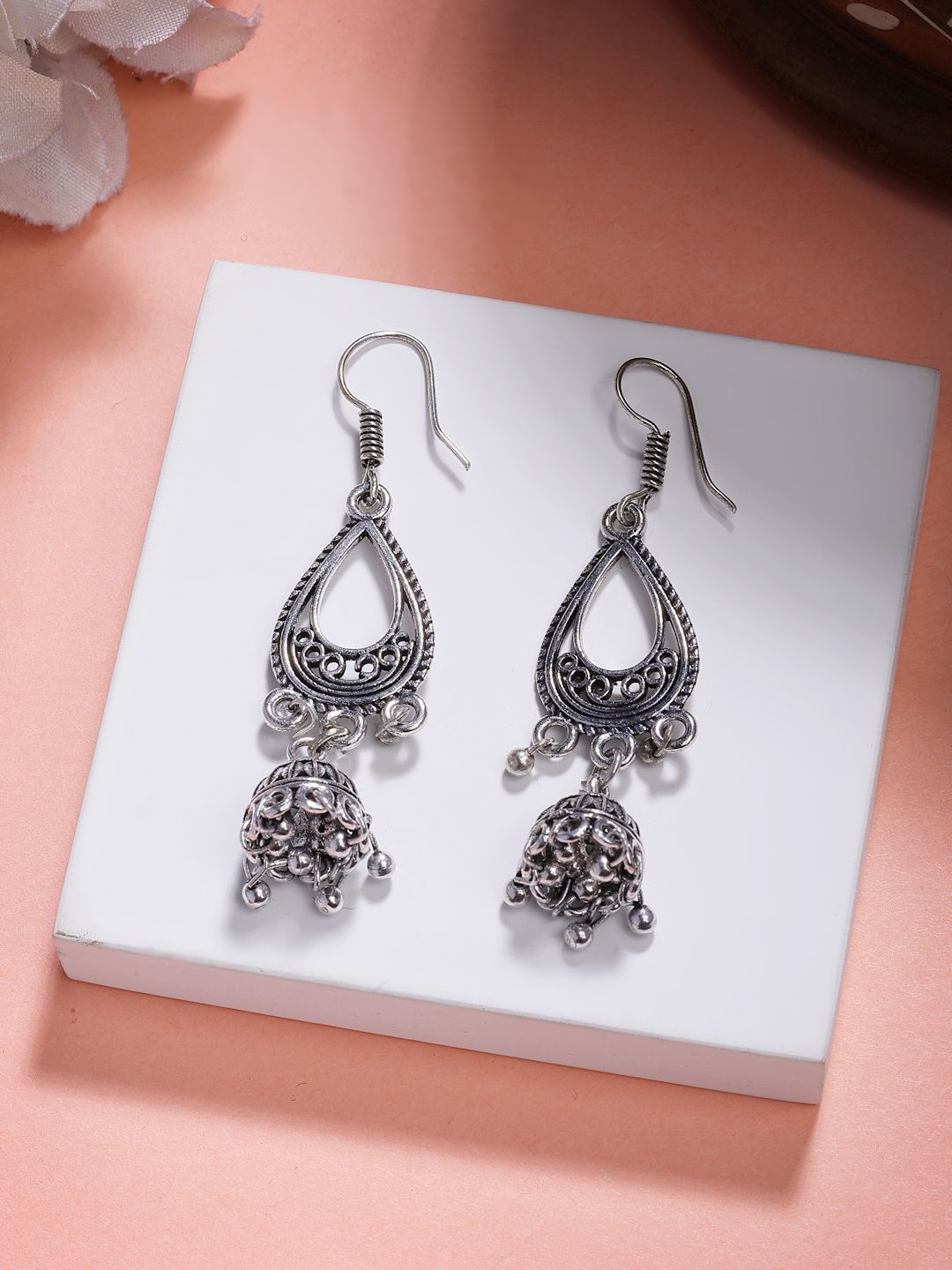 

NVR Women German Silver Contemporary Oxidised Silver Plated Jhumka Earrings