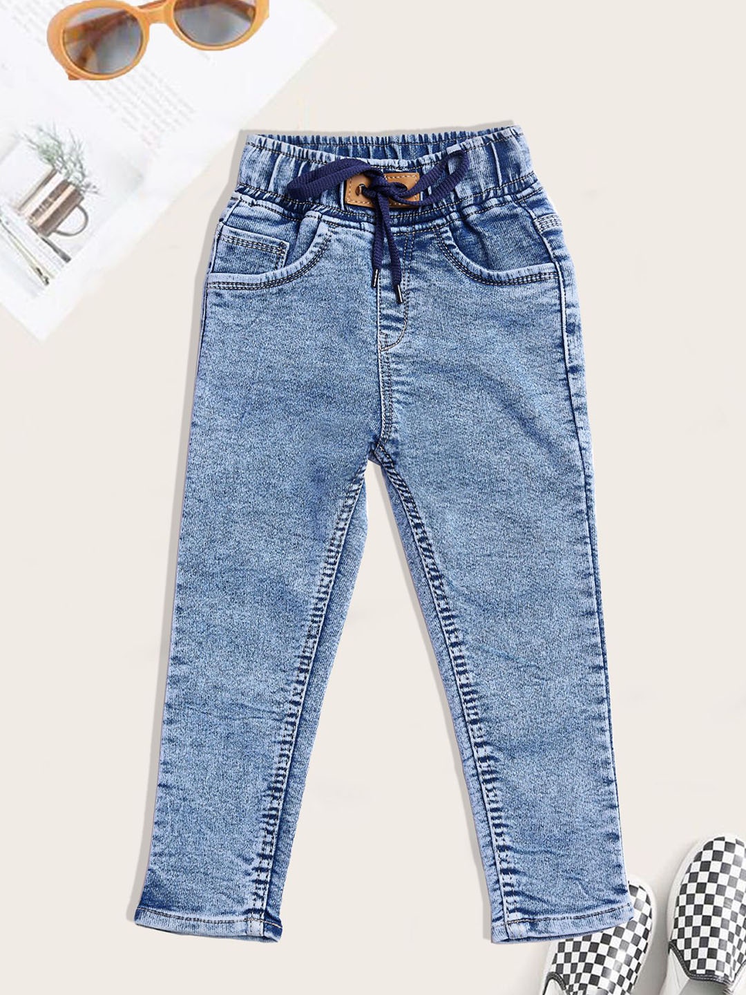 

YK Boys Jogger High-Rise Light Fade Embroidered Jeans, Blue