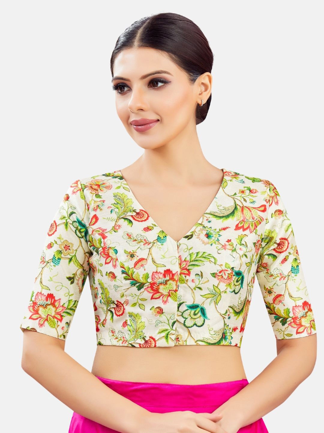 

Studio Shringaar Printed V-Neck Short Sleeves Saree Blouse, White