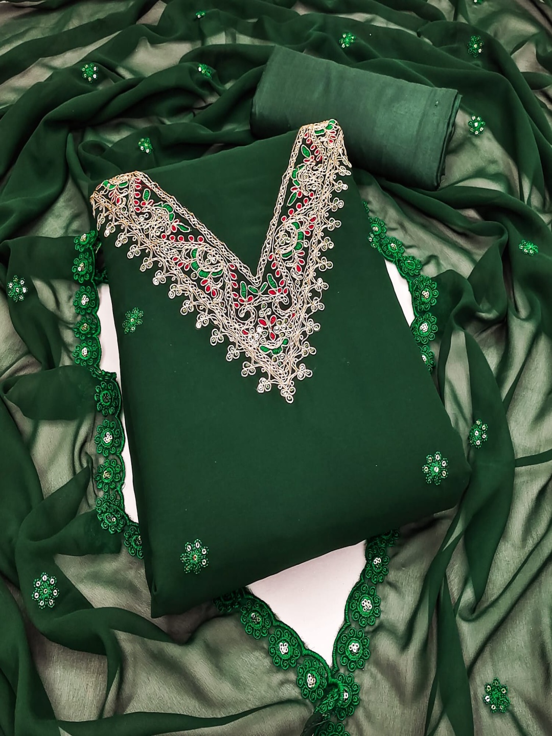 

Rangtulika Floral Embroidered Sequinned Georgette Unstitched Dress Material, Green