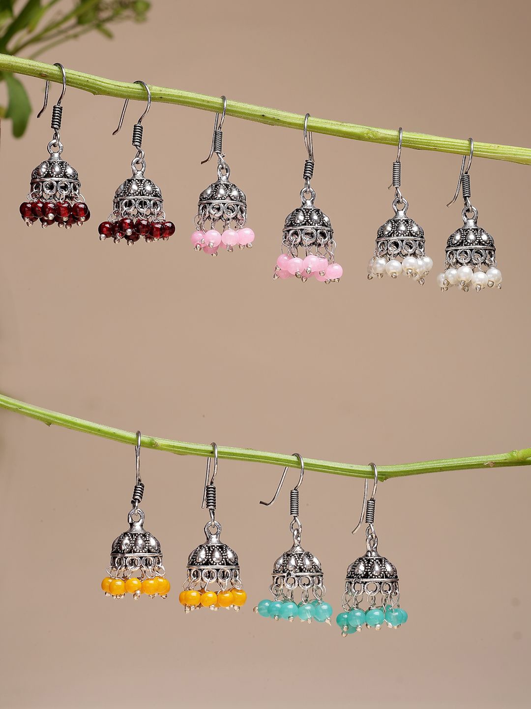 

NVR Women Set of 5 German Silver Oxidised Silver Plated Artificial Beads Jhumka Earrings