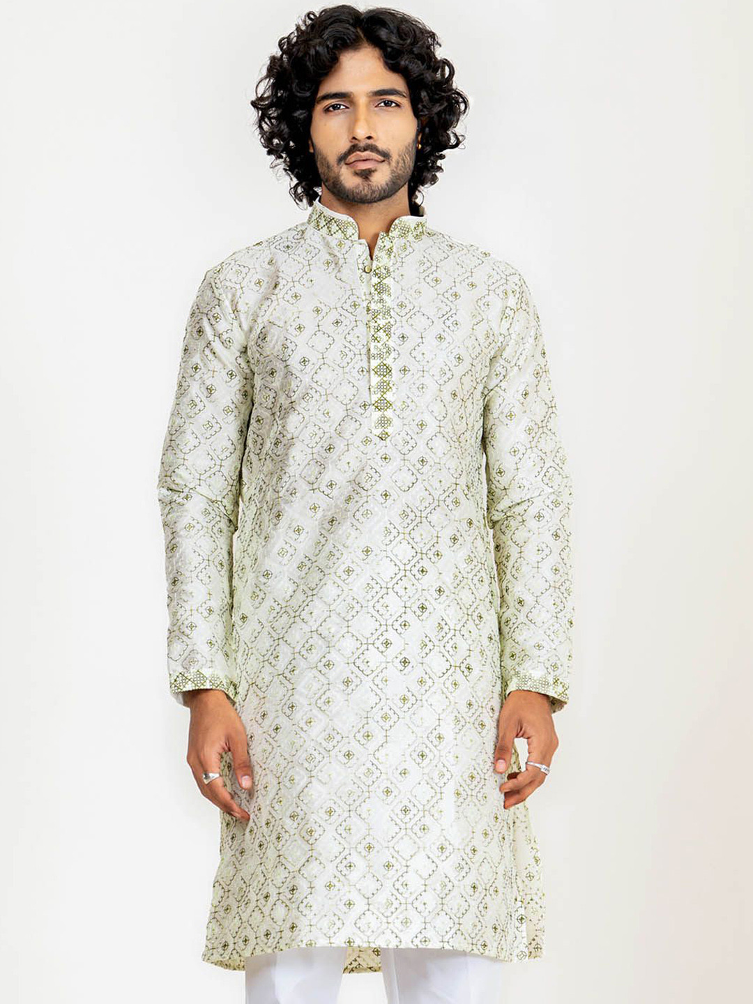 

Tistabene Abstract Woven Design Mandarin Collar Silk Kurta, Green
