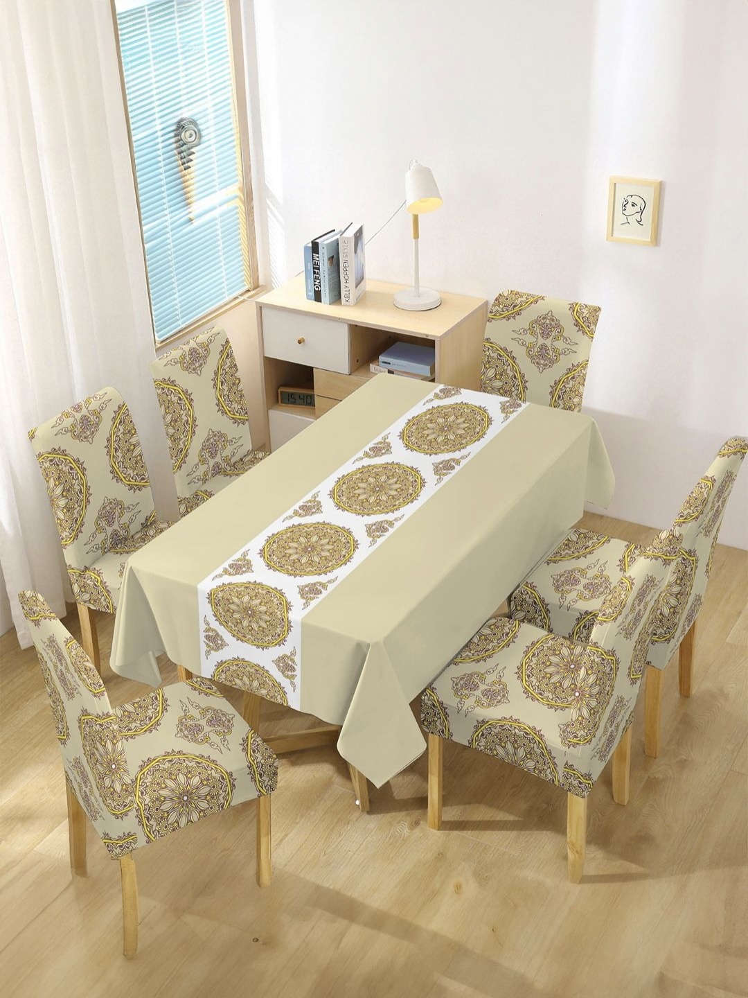 

Aura Ivory & Yellow 7 Pieces Mandala Art Printed Table & Chair Covers, Cream