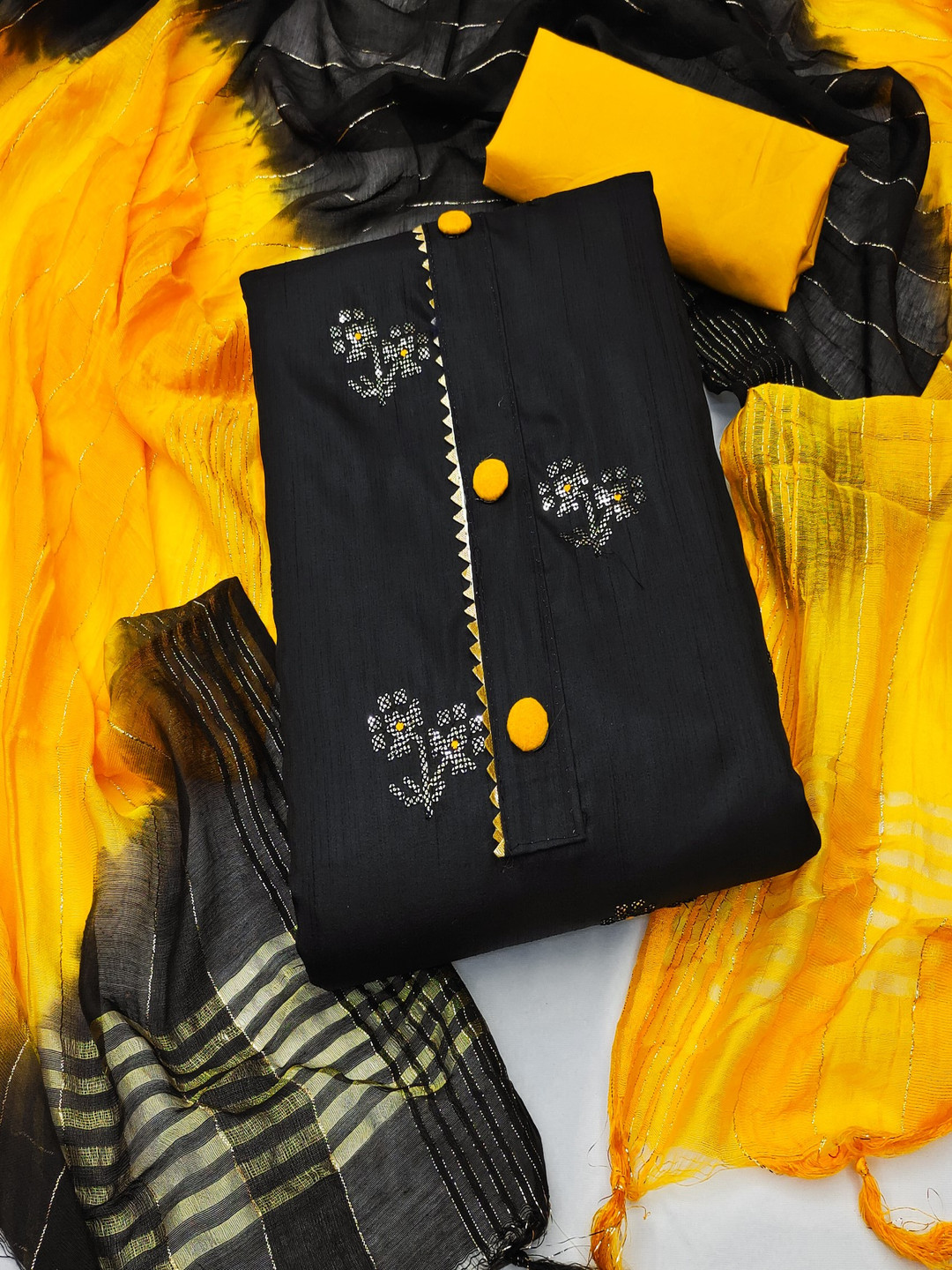 

Rangtulika Ethnics Floral Sequinned Zora Silk Unstitched Dress Material, Black