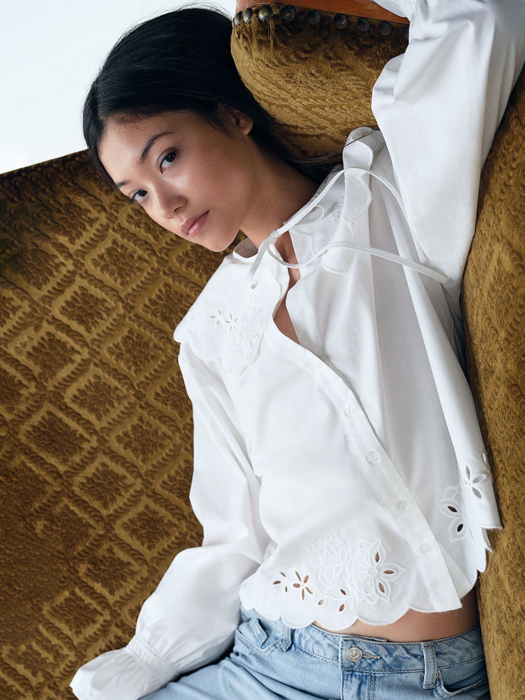 

H&M Embroidered Peter Pan-Collared Blouse, White